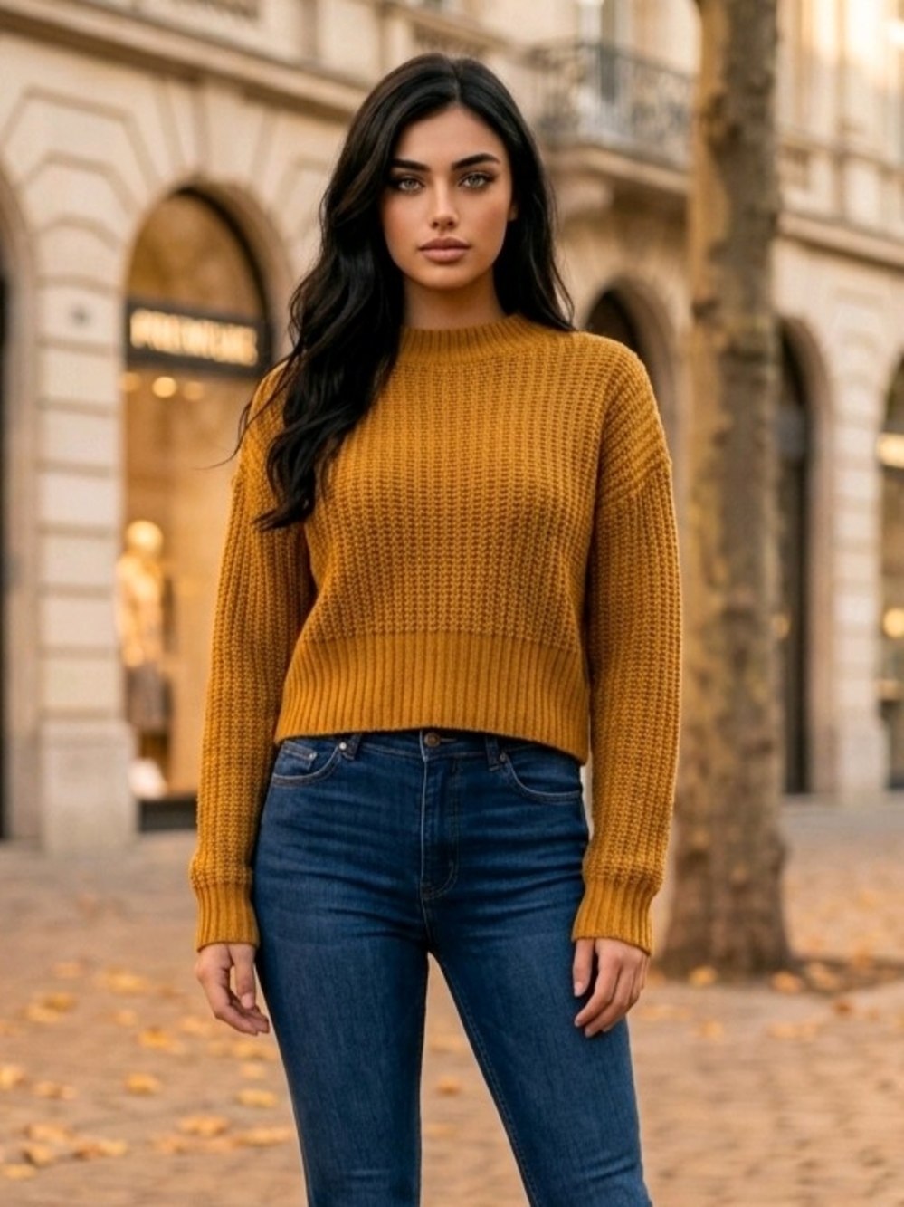 Love Change Itay Mustard Yellow Chunky Knit Sweater Ribbed, Crewneck L NWT